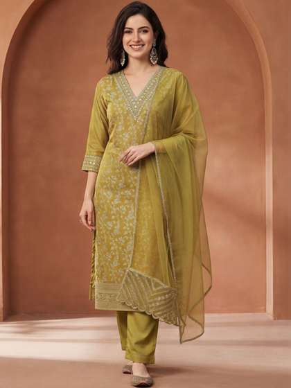 Anouk Women Ethnic
                        Motifs Embroidered Regular Thread Work Chanderi
                        Cotton Kurta with Trousers & With Dupatta