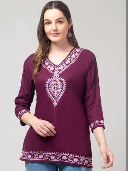 SHAUKIYA Ethnic
                        Motifs Embroidered V-Neck Thread Work Thread
                        Work Kurti