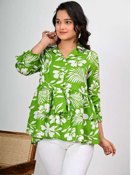 KELWA Botanical
                        Printed Shirt Collar Pure Cotton Tiered Kurti