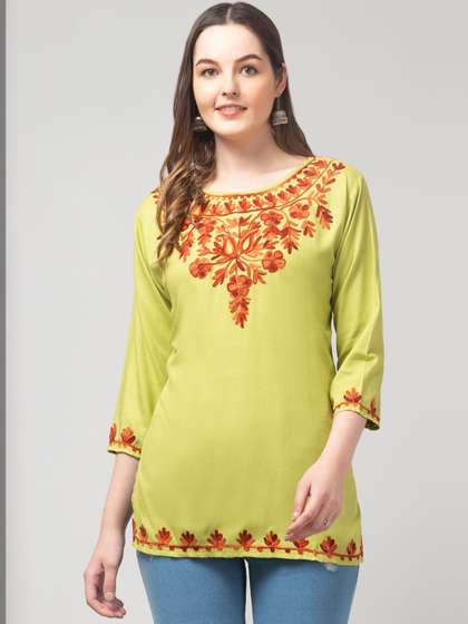 SHAUKIYA Ethnic
                        Motifs Embroidered Boat Neck Thread Work Thread
                        Work Kurti