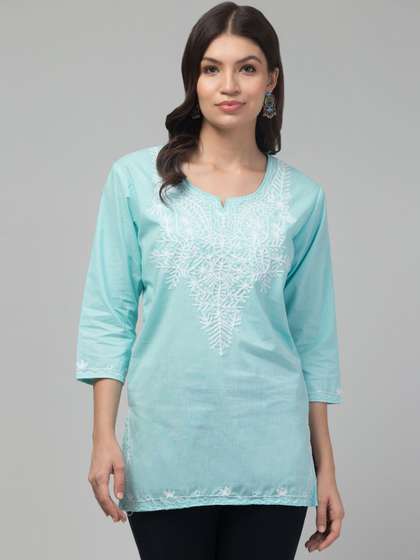 SHAUKIYA Ethnic
                          Motifs Embroidered V-Neck Chikankari Pure
                          Cotton Chikankari Kurti