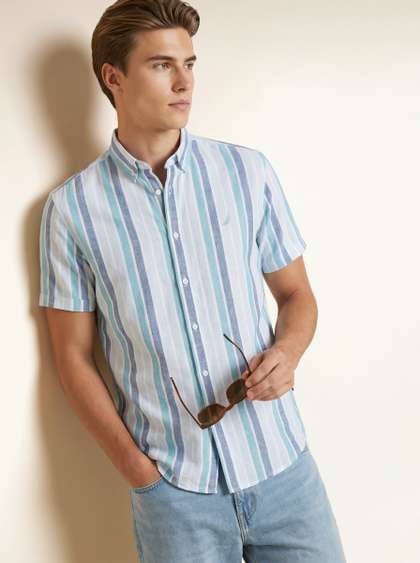 Nautica Slim Fit
                        Striped Cotton Linen Casual Shirt