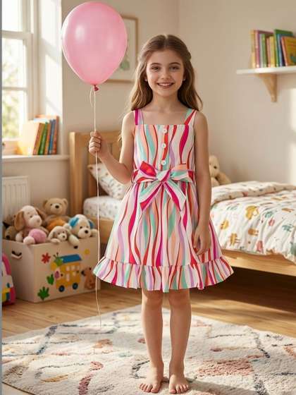 Dripteen Striped Square
                    Neck Sleeveless A-Line Cotton Dress