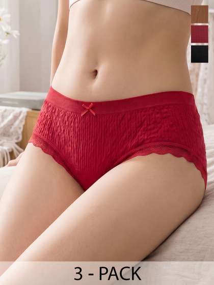 Amber Knots Women Pack
                      of 3 Self Design Lace Cotton Basic Briefs