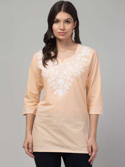 SHAUKIYA Ethnic
                          Motifs Embroidered V-Neck Chikankari Pure
                          Cotton Chikankari Kurti
