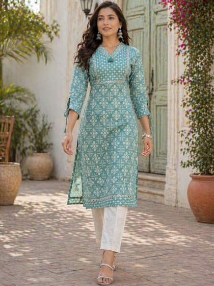 HERE&NOW Floral
                        Printed V-Neck Mirror Work Mirror Work Kurti