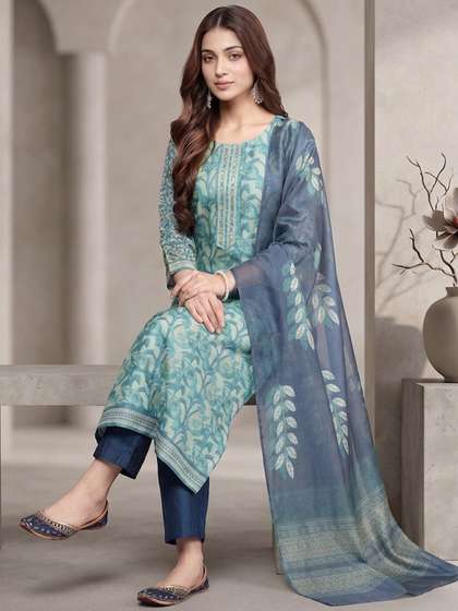 Varanga Women
                          Floral Printed Regular Sequinned Kurta with
                          Trousers & With Dupatta