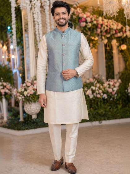 House of Pataudi
                        Woven Design Textured Festive Jacquard Nehru
                        Jacket