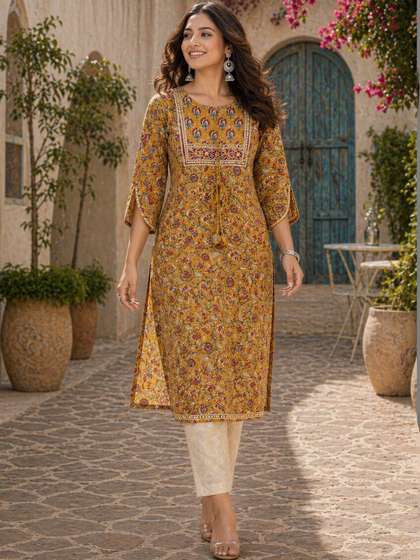 HERE&NOW Ethnic
                        Motifs Printed Thread Work Thread Work Kurti