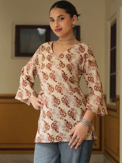 anayna Floral
                        Printed V-Neck Flared Sleeves Pure Cotton Kurti
