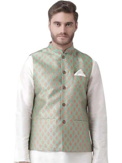 KUTUB FASHION Men
                      Printed Mandarin Collar Woven Nehru Jackets