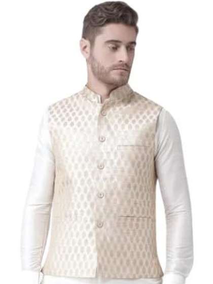 KUTUB FASHION Men
                      Printed Mandarin Collar Woven Nehru Jackets