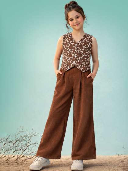 FASHION DREAM Girls
                    Brown Embroidered Top With Trousers