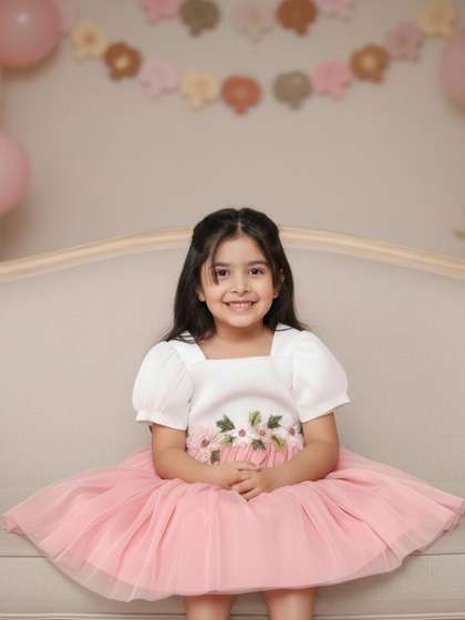 YK Girls Puff Sleeve Net
                    A-Line Dress