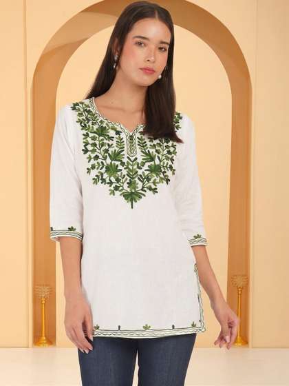 Anouk Rustic
                          Botanical Embroidered V-Neck Thread Work Pure
                          Cotton Blend Thread Work Kurti