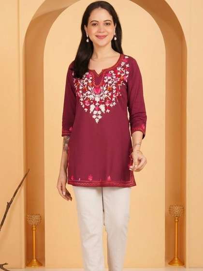 Anouk Rustic
                          Ethnic Motifs Embroidered V-Neck Thread Work
                          Pure Cotton Blend Thread Work Kurti