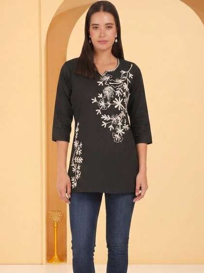 Anouk Rustic
                          Floral Embroidered V-Neck Thread Work Pure
                          Cotton Blend Thread Work Kurti