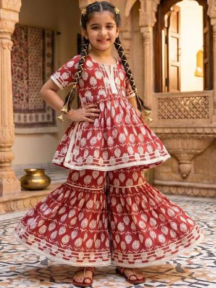 Sangria Girls Printed
                    Round Neck Kurti & Sharara