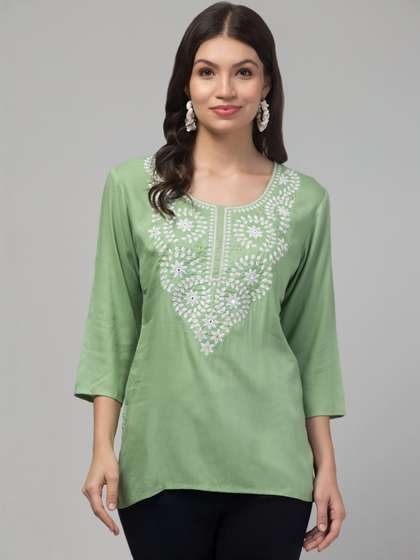 SHAUKIYA Floral
                        Embroidered Mirror Work Mirror Work Kurti