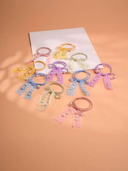 Choko Girls Set of 10
                    Lace Bow with Pearls Accents Elastic Ponytail
                    Holders