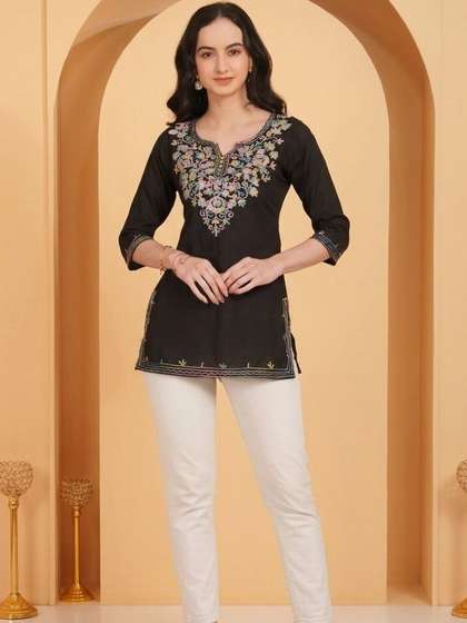 Anouk Rustic
                          Floral Embroidered V-Neck Thread Work Pure
                          Cotton Blend Thread Work Kurti