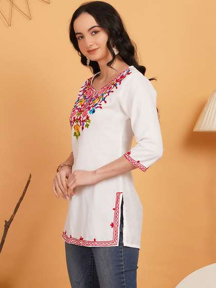 Anouk Rustic
                          Floral Embroidered V-Neck Thread Work Pure
                          Cotton Blend Thread Work Kurti