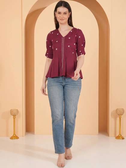 Anouk Rustic
                        Botanical Embroidered V-Neck Thread Work Pure
                        Cotton Blend Thread Work Panelled Kurti