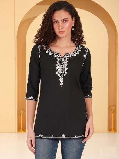 Anouk Rustic
                          Embroidered V-Neck Thread Work Pure Cotton
                          Blend Thread Work Kurti