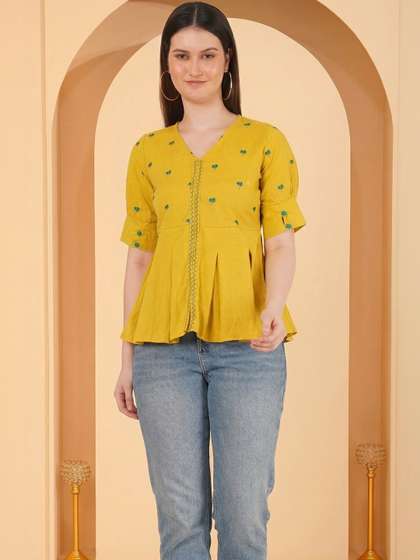 Anouk Rustic
                          Botanical Embroidered V-Neck Pure Cotton Blend
                          Panelled A-Line Kurti