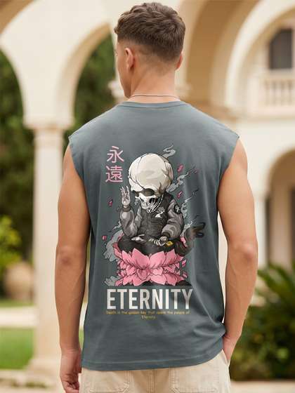 Bewakoof Men's Dark
                        Grey Eternity Graphic Printed Boxy Fit Vest