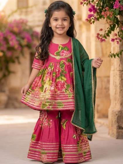 House Of Kids Girls
                      Floral Printed Gotta Patti Pure Cotton Kurti With
                      Sharara & Dupatta