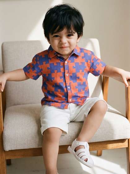 TALES & STORIES Boys
                    Blue & White Checked Spread Collar Shirt With
                    Solid Bermuda Shorts