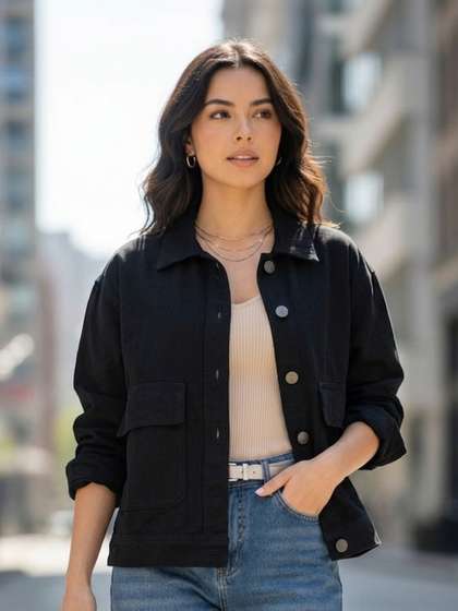 Urbano Fashion Women
                        Black Relaxed Fit Full Sleeve Utility Denim
                        Jacket