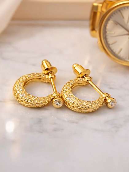 De-Ultimate Men
                    Stainless Steel Gold-Plated Cubic Zirconia Crescent
                    Half Hoop Earrings