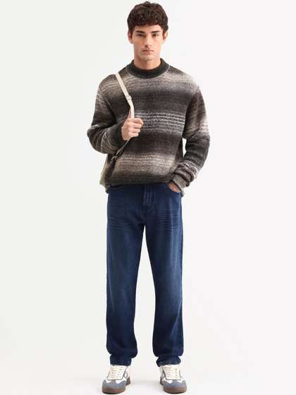 RARE RABBIT Men
                      Comfort Tapered Fit Mid-Rise Low Distress Light
                      Fade Stretchable Jeans