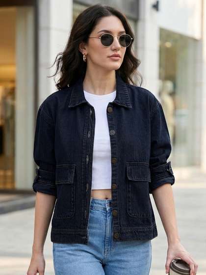 Urbano Fashion Women
                        Dark Blue Relaxed Fit Full Sleeve Utility Denim
                        Jacket
