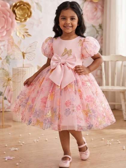 Dripteen Print Puff
                    Sleeve Layered Cotton Blend Net A-Line Dress