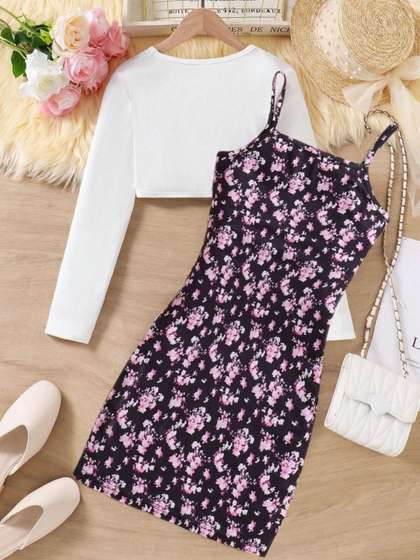 HERE&NOW Floral
                    Print Applique Crepe A-Line Dress
