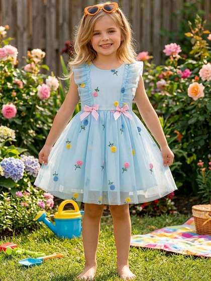 YK Round Neck Puff
                      Sleeve Ruffled A-Line Dress
