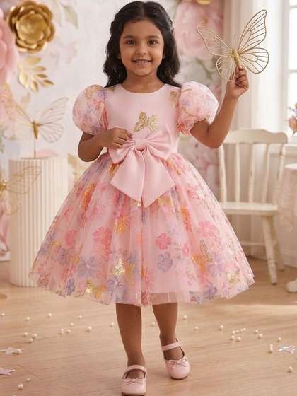 YK Print Puff Sleeve
                    Layered Net A-Line Dress