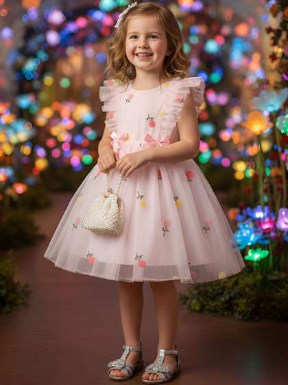 YK Embroidered Puff
                    Sleeve Ruffled A-Line Dress