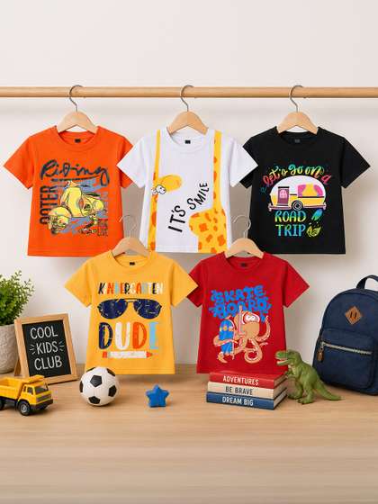 FAZZA Boys Pack Of 5
                    Graphic Printed Round Neck Cotton T-shirts