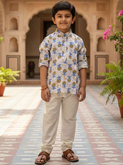 KALINI Boys Ethnic
                      Motifs Printed Regular Pure Cotton Kurta with
                      Pyjamas