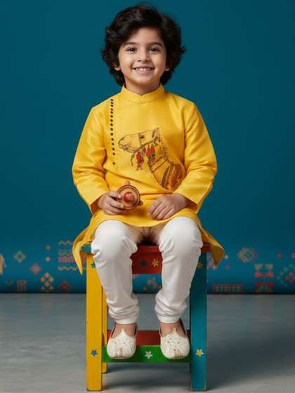 DEVOILER Boys Ethnic
                    Motifs Embroidered Regular Thread Work Dupion Silk
                    Kurta with Pyjamas