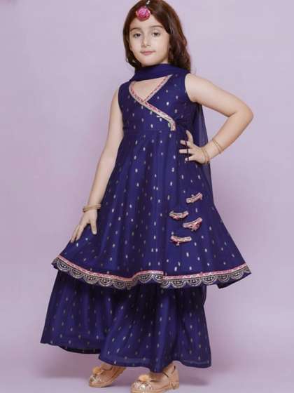 KALINI Girls Ethnic
                    Motifs Printed Angrakha Chanderi Silk Kurta with
                    Sharara & With Dupatta