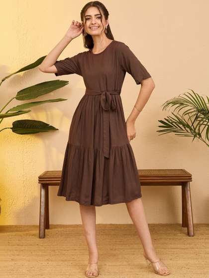 KALINI Women Brown
                        Rayon Solid Fit & Flare Dress