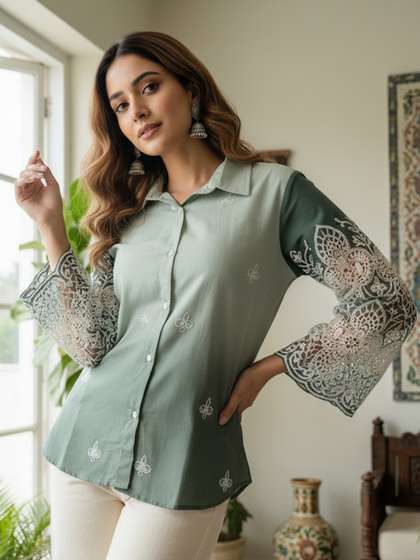 Anouk Floral
                        Embroidered Shirt Collar Flared Sleeves Thread
                        Work Pure Cotton Blend Thread Work Kurti