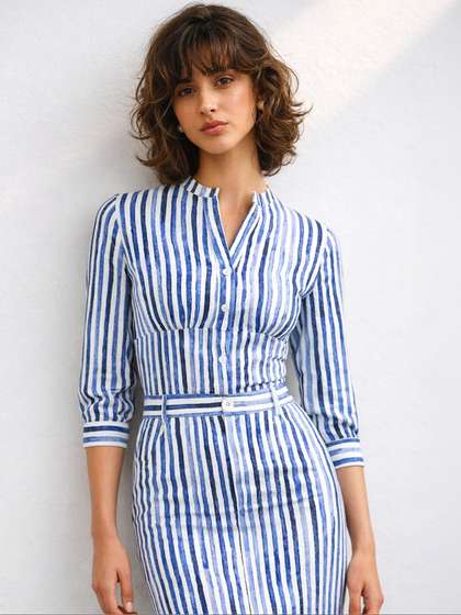 SASSAFRAS worklyf
                          Striped Mandarin Collar Linen Top