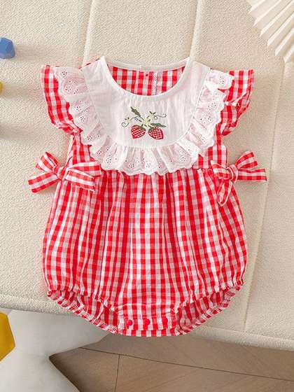 Wunderwoo Infant-Girls
                    Checked Cotton Round Neck Short Sleeves Bodysuit