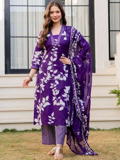 Amayra Women
                          Floral Printed Regular Pure Cotton Kurta with
                          Trousers & With Dupatta